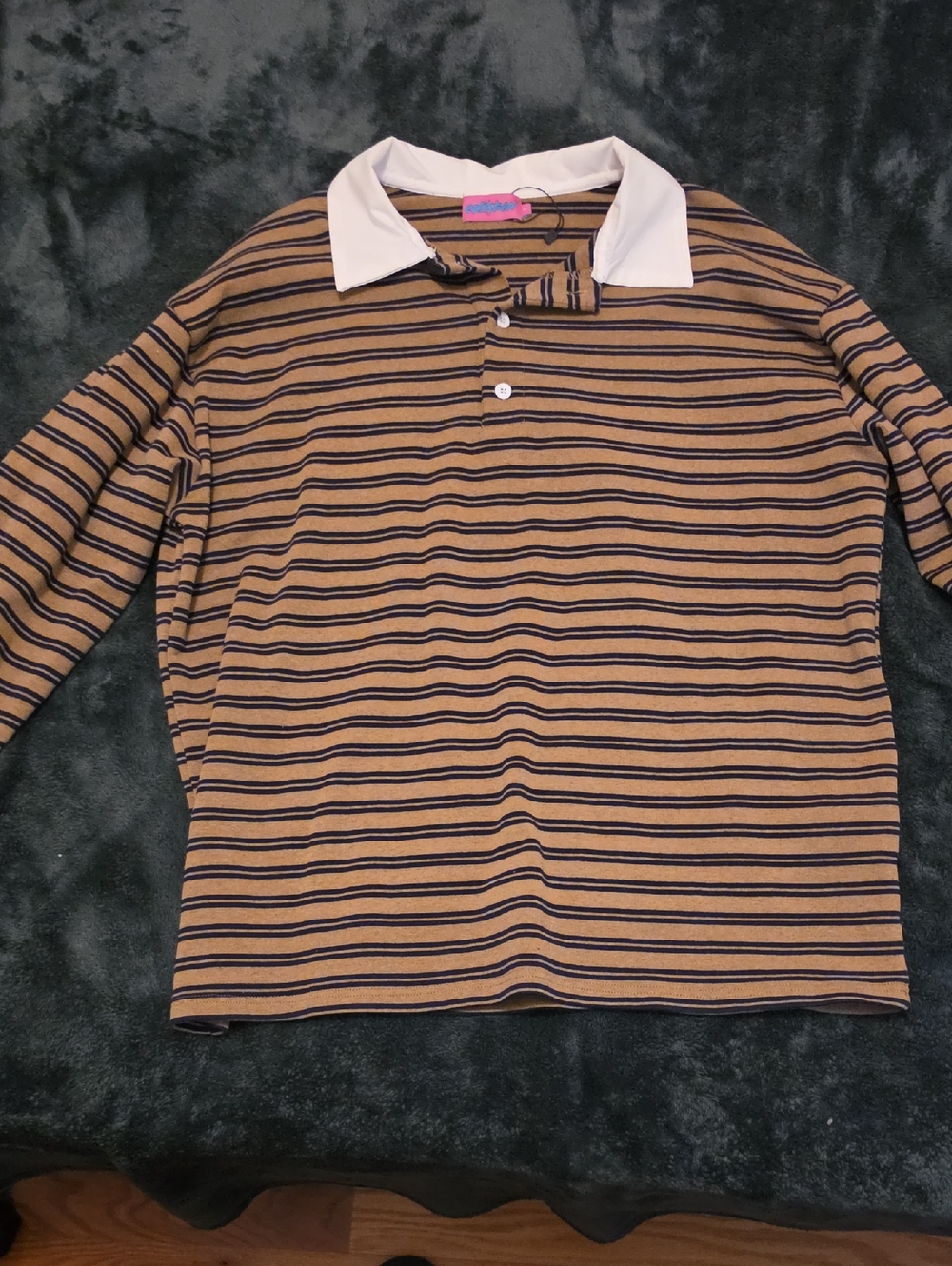 Edikted Tan and Black Striped Long Sleeve Polo Top